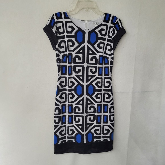Cache Dress 4 Blue Black White Geometric Print Career Party Fitted Silk Blend - Picture 1 of 11